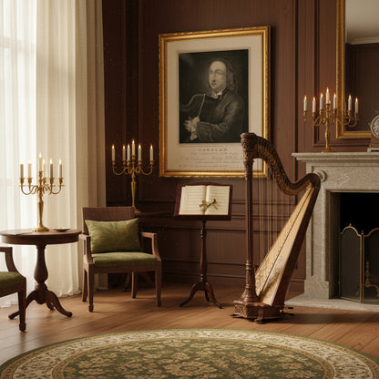 Turlough O’Carolan framed art print in elegant music room with Irish harp, natural light and classical interior styling