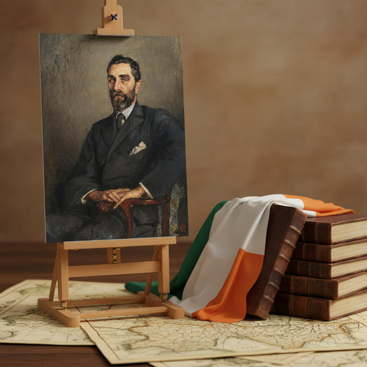 Unframed print clipped on an artist’s easel beside vintage maps, Irish tricolour and leather-bound journals.