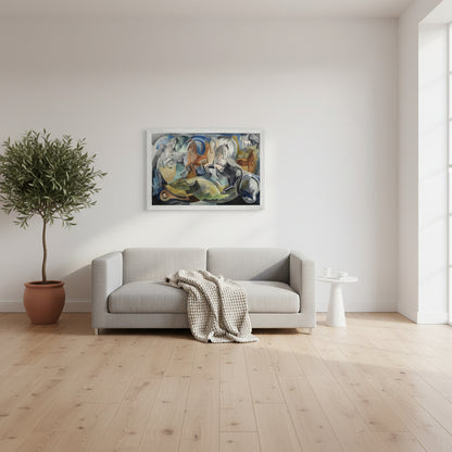 White-framed Achill Horses print hung in a bright Scandinavian-style interior with white walls, natural wood floors, wool throw, and potted olive tree; clean lines and calming natural light.