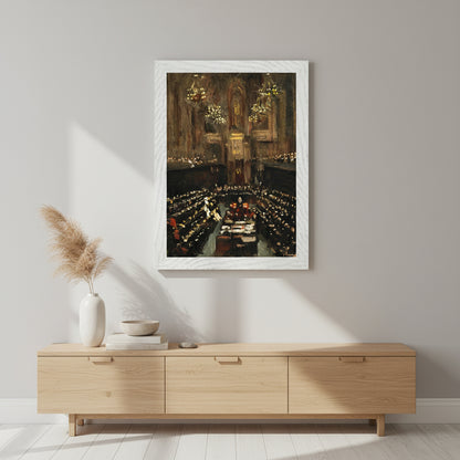 White wooden frame around Lavery’s Treaty painting displayed above a light oak sideboard, ceramic vases and linen-textured decor, bright morning light, premium Nordic aesthetic, ultra-sharp detail.