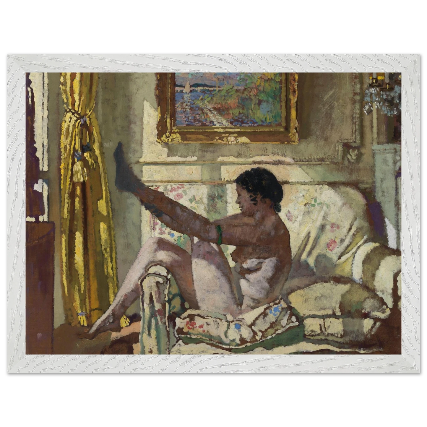 William Orpen Sunlight framed art print, sunlit interior with nude figure and yellow curtain, white wooden frame, 30x40 cm.