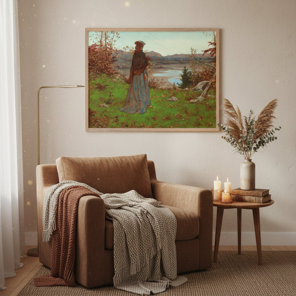 Woman in an Autumn Landscape – William J. Hennessy Irish Art Print Natural oak frame displayed in a cosy reading nook for a woman in her 30s–40s; textured blankets, candles, botanical décor, warm ambient lighting, soft autumn-inspired styling