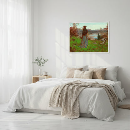 Woman in an Autumn Landscape – William J. Hennessy Irish Art Print White frame in a bright, minimalist bedroom crisp bedding, soft Scandinavian elements, fresh morning light, airy and refined feminine atmosphere