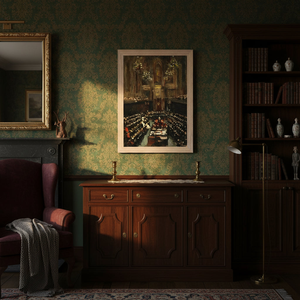 Wood-framed print displayed above a dark walnut bureau, soft firelight glow reflecting on frame, period interior styling, atmospheric heritage room.