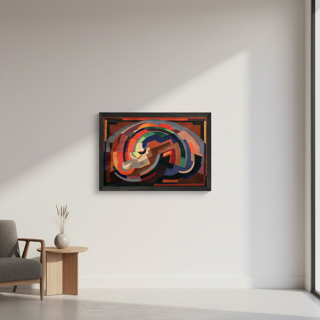 Composition by Mainie Jellett – black framed Irish Modernist 30×45 cm art print of ‘Composition (c.1935)’ by Mainie Jellett in a black FSC-certified wooden frame, hung on a contemporary living room wall, warm natural lighting, subtle shadows, premium gallery-style presentation, hyper-realistic.
