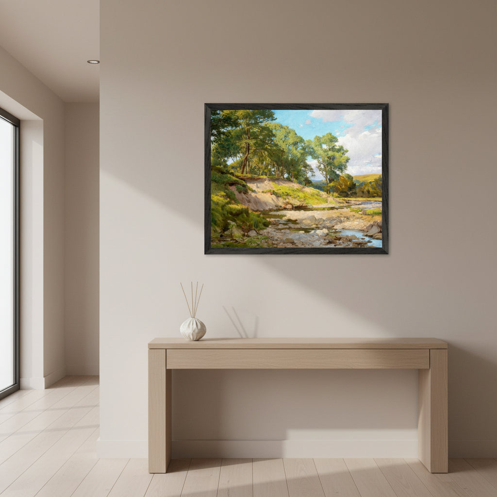 IThe Deer Park, Powerscourt by Dermod O’Brien – 16×20 print in black wooden frame, classic Irish scenery. Irish landscape artwork in a contemporary home office, black frame, sage green walls, natural light, stylish desk setup, modern calm workspace vibe.