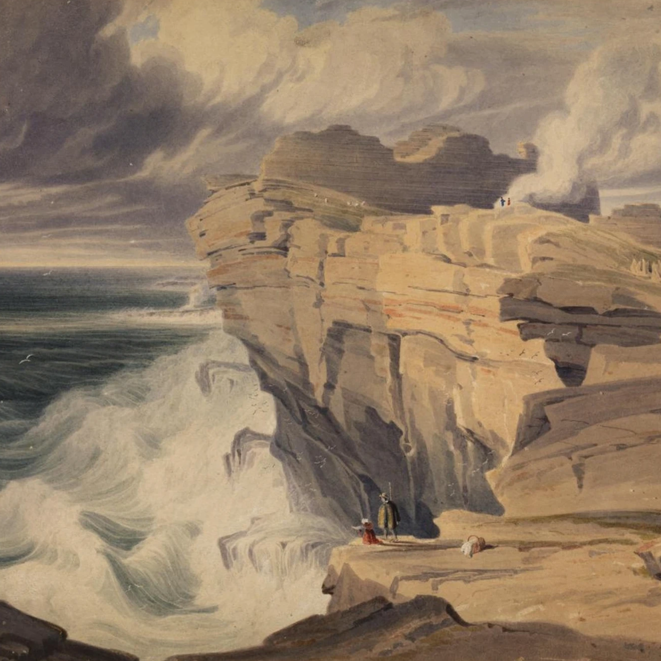 Dún Aonghasa, Inis Mór by George Petrie, unframed archival art print. Painting of a dramatic coastal scene with cliffs and turbulent sea.