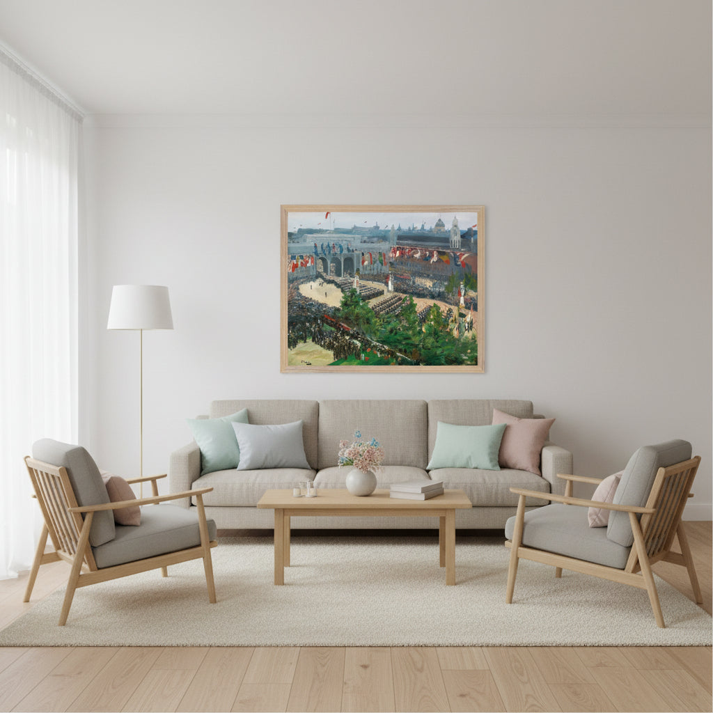  framed Admiralty Arch, Victory Parade (1919) print—focus on frame quality (natural oak frame, sharp museum-quality detail, soft natural lighting. Clean, luxury, feminine aesthetic