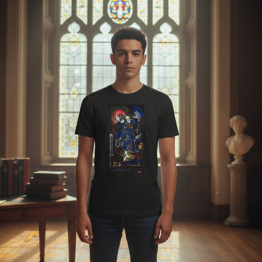 Young adult wearing a black unisex T-shirt featuring “The Song of the Mad Prince” by Harry Clarke. Standing near a stained-glass window in a Georgian Dublin interior, soft daylight filtering through coloured glass. Editorial, cinematic tone. Emphasis on art-meets-fashion storytelling.