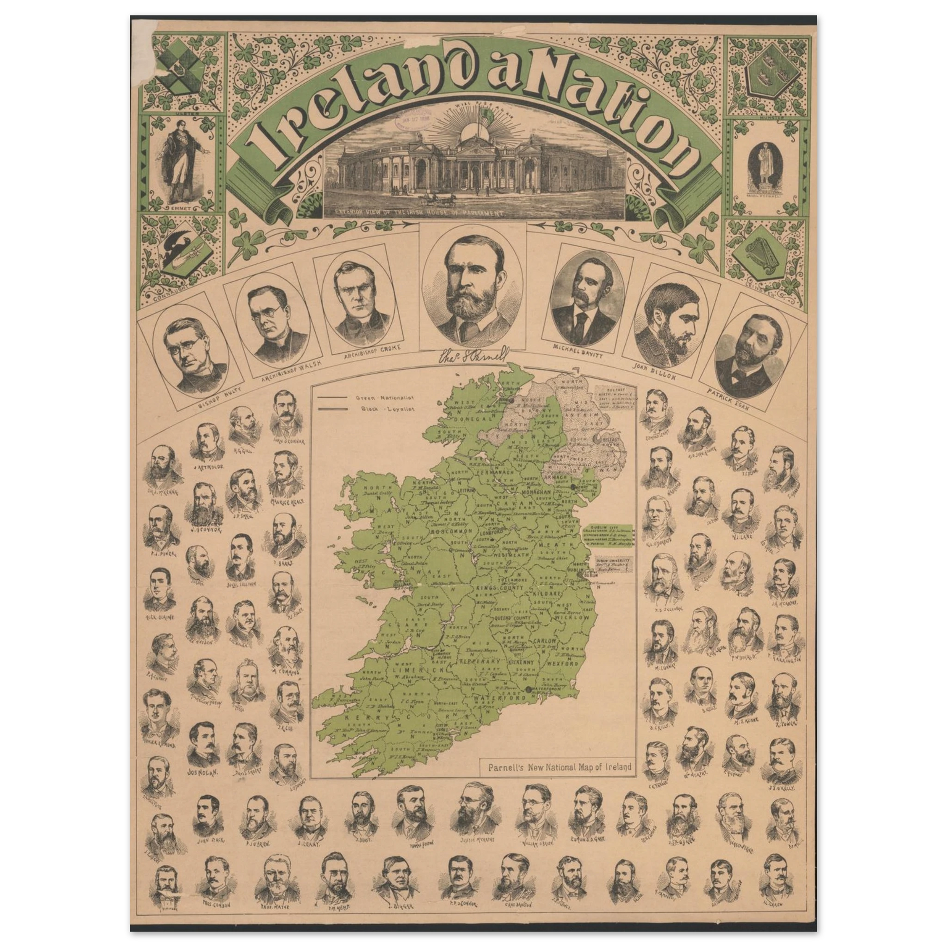 Close-up of high-quality museum-grade print showing fine details of Ireland map
