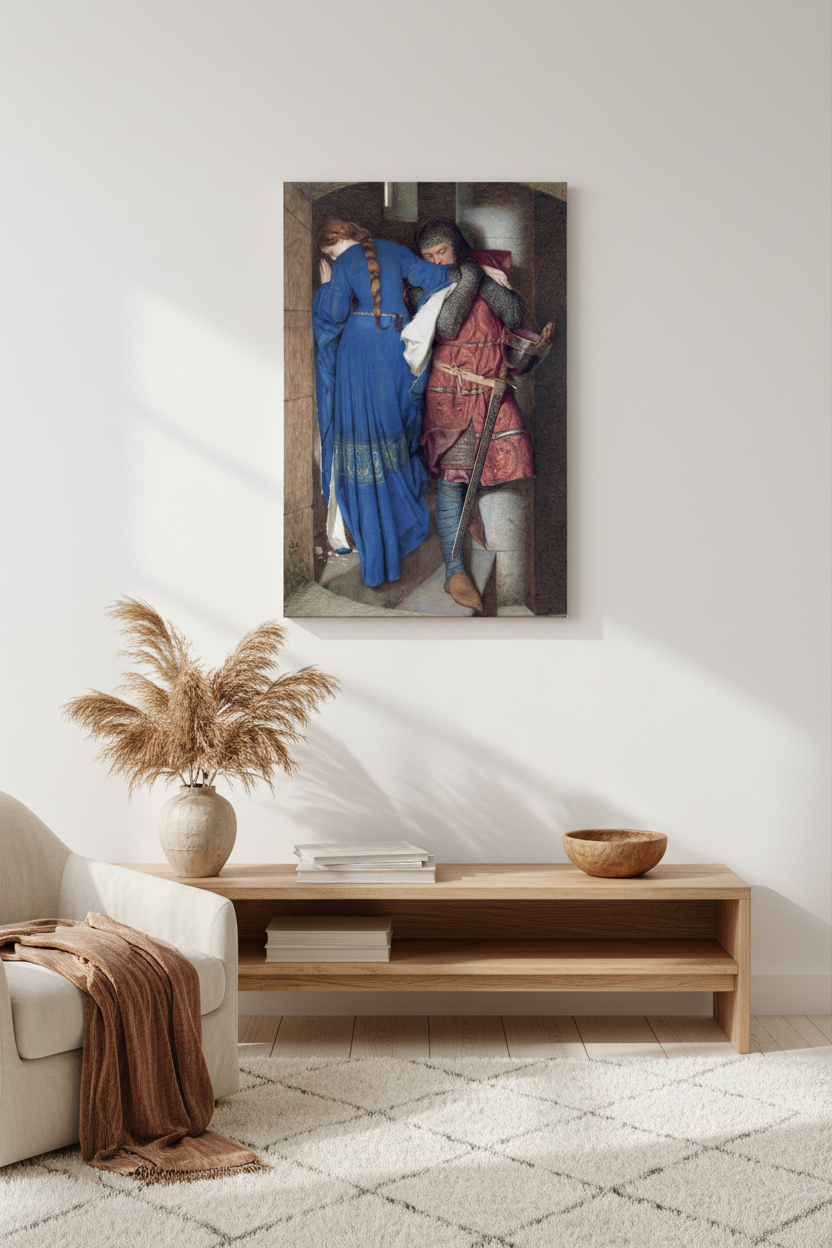 Canvas print of Hellelil and Hildebrand displayed in a minimalist Scandinavian living room with oak furniture, soft natural light and neutral décor.
