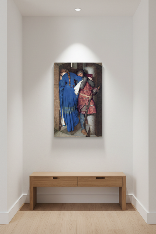 Vertical canvas of The Meeting on the Turret Stairs mounted in a narrow hallway with soft spotlighting and a minimalist wooden console.