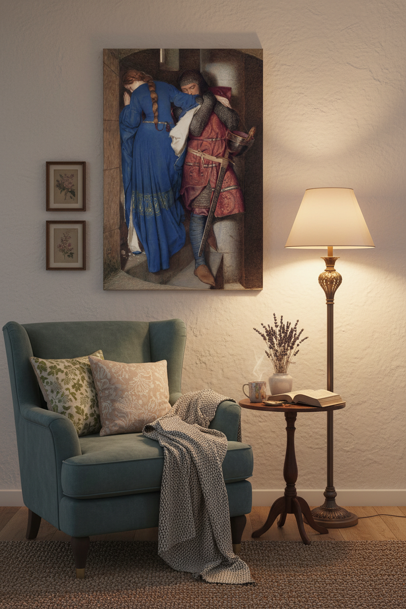 Luxury canvas of The Meeting on the Turret Stairs hanging above a cozy reading nook with a velvet armchair, warm lamp lighting and soft evening ambience.
