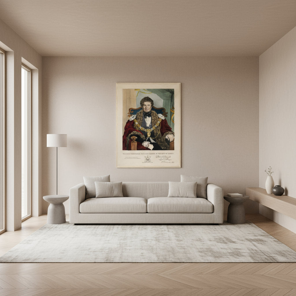 Contemporary living room, neutral plaster walls and herringbone oak floors; natural wood frame O’Connell print as focal point above sofa