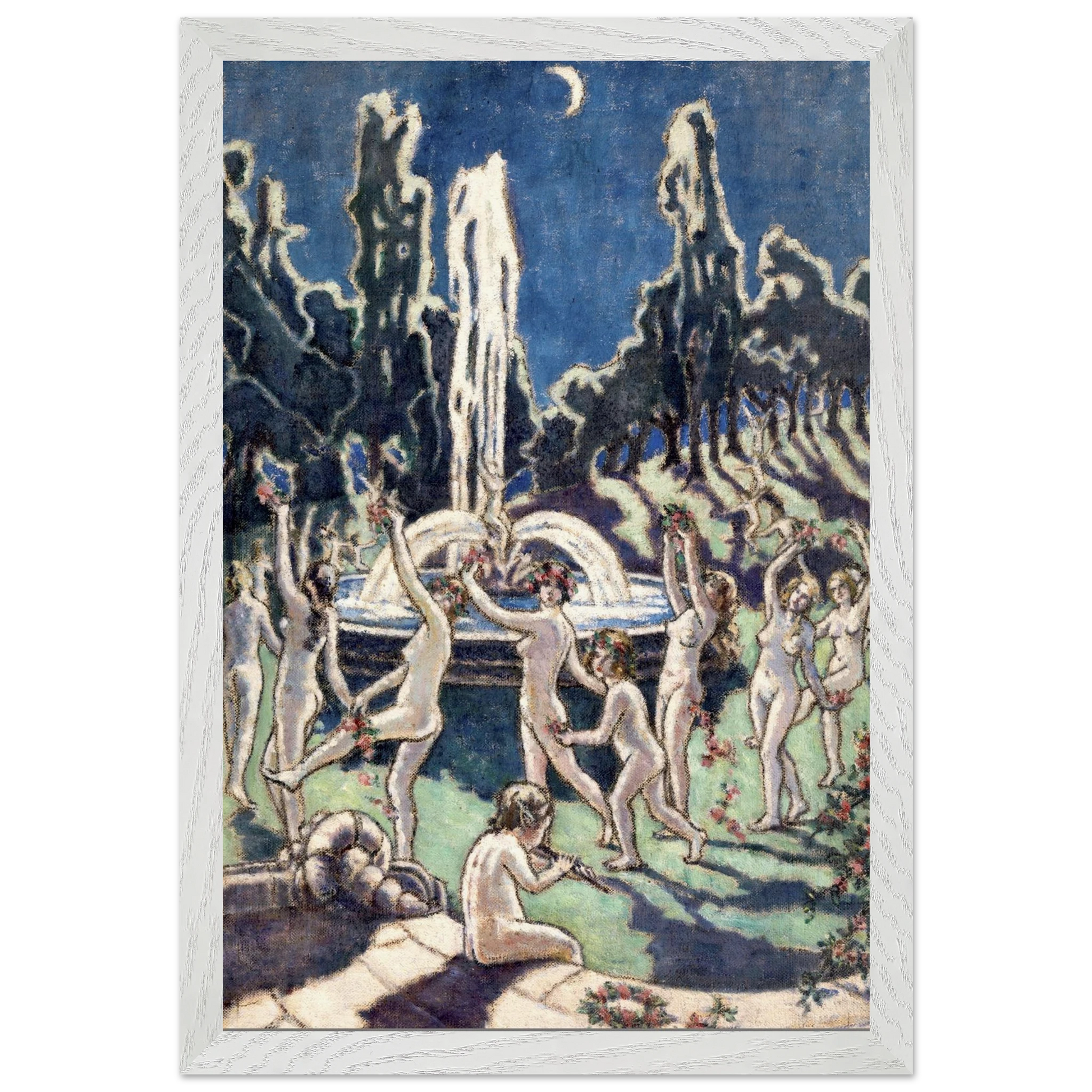 Nudes Dancing round a Fountain by Moonlight by Mainie Jellett – white framed Irish figurative art print