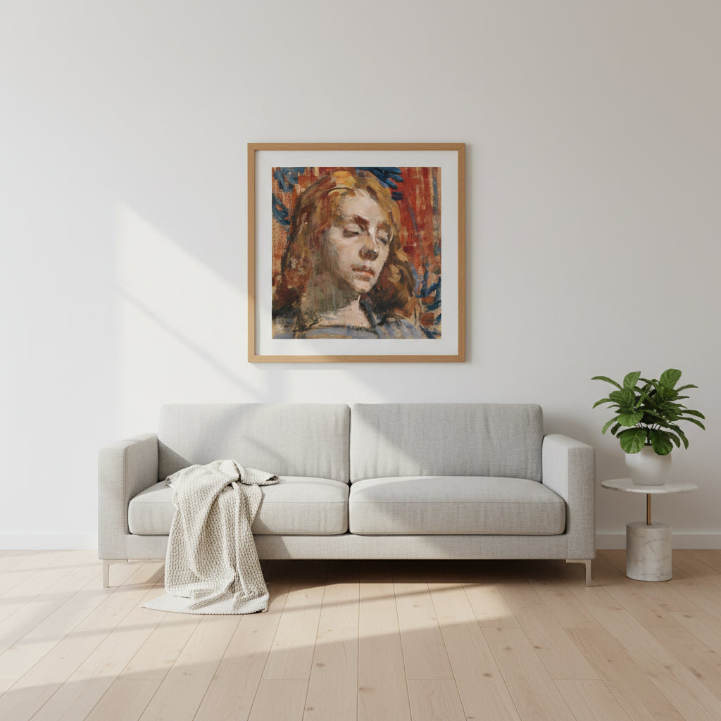 Portrait of Kathleen Behan by Sarah Henrietta Purser in natural oak frame in a modern living room