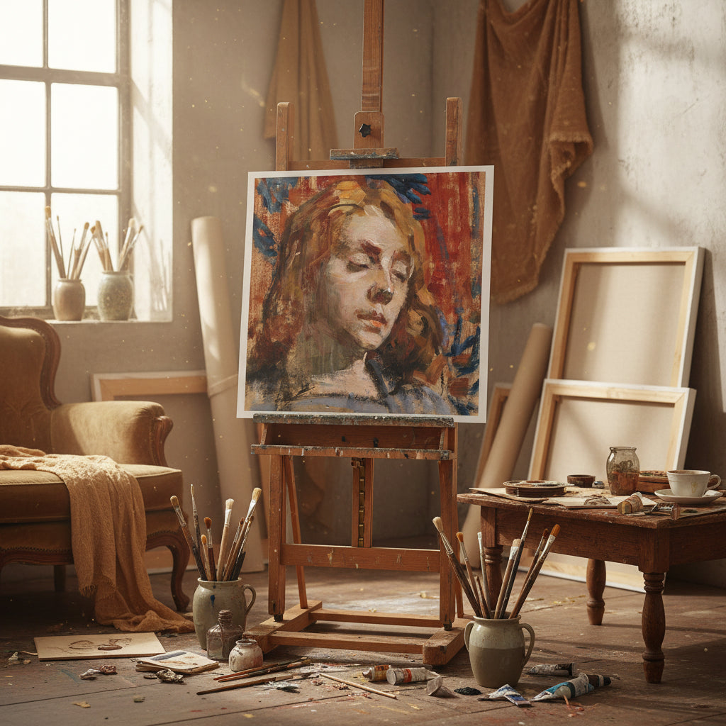 Portrait of Kathleen Behan by Sarah Henrietta Purser in white frame in a light-filled artist studio