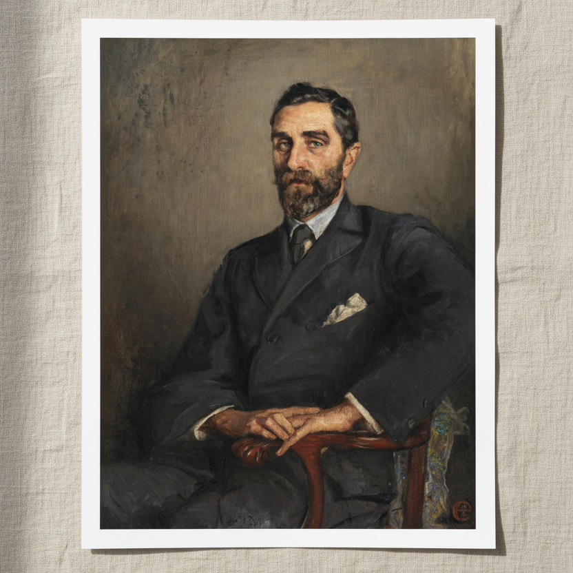 Roger Casement art print by Sarah Purser, unframed archival print on light linen fabric in soft natural daylight. Buy Irish Art
