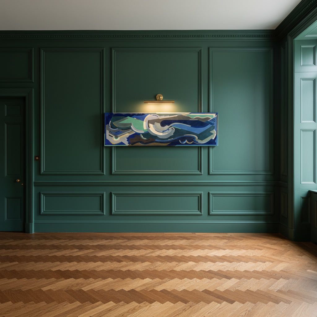 Sea Rhythm by Mainie Jellett modernist Irish art displayed in Georgian heritage interior with deep green panelled wall and picture light