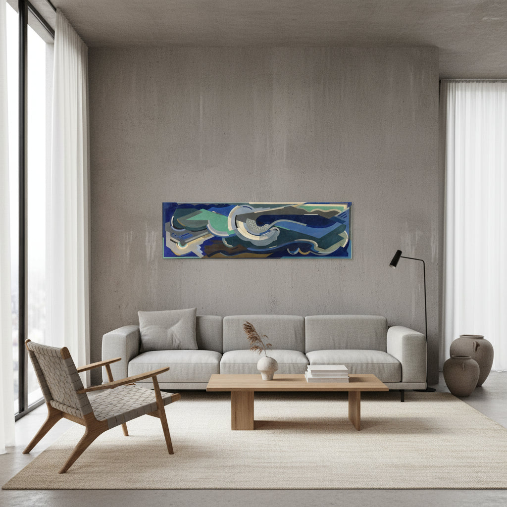 Sea Rhythm by Mainie Jellett canvas print displayed in modern minimalist living room with concrete wall backdrop