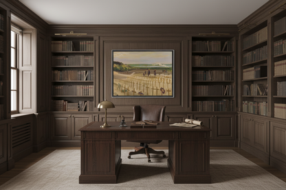 The Cemetery, Étaples (1919) by Sir John Lavery shown as a Collector’s Edition art print in a contemporary private library setting.