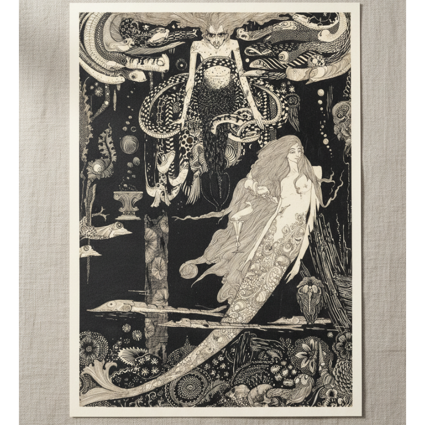 The Little Sea Maid by Harry Clarke, unframed archival art print resting on light linen fabric in soft natural daylight