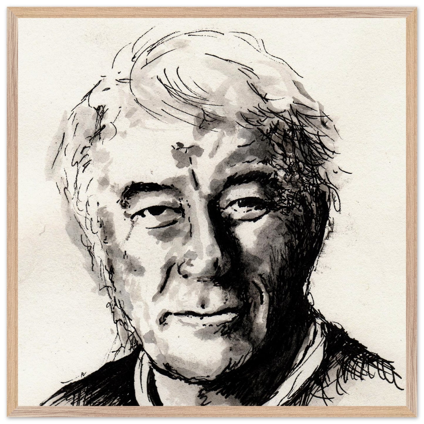 Seamus Heaney portrait The Squat Pen by Irish artist Ó Maoláin, extra large Collector’s Edition framed print, wood frame