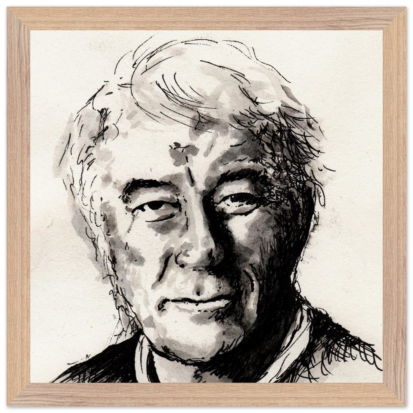 Seamus Heaney portrait The Squat Pen by Irish artist Ó Maoláin, Collector’s Edition framed print, natural wood gallery frame
