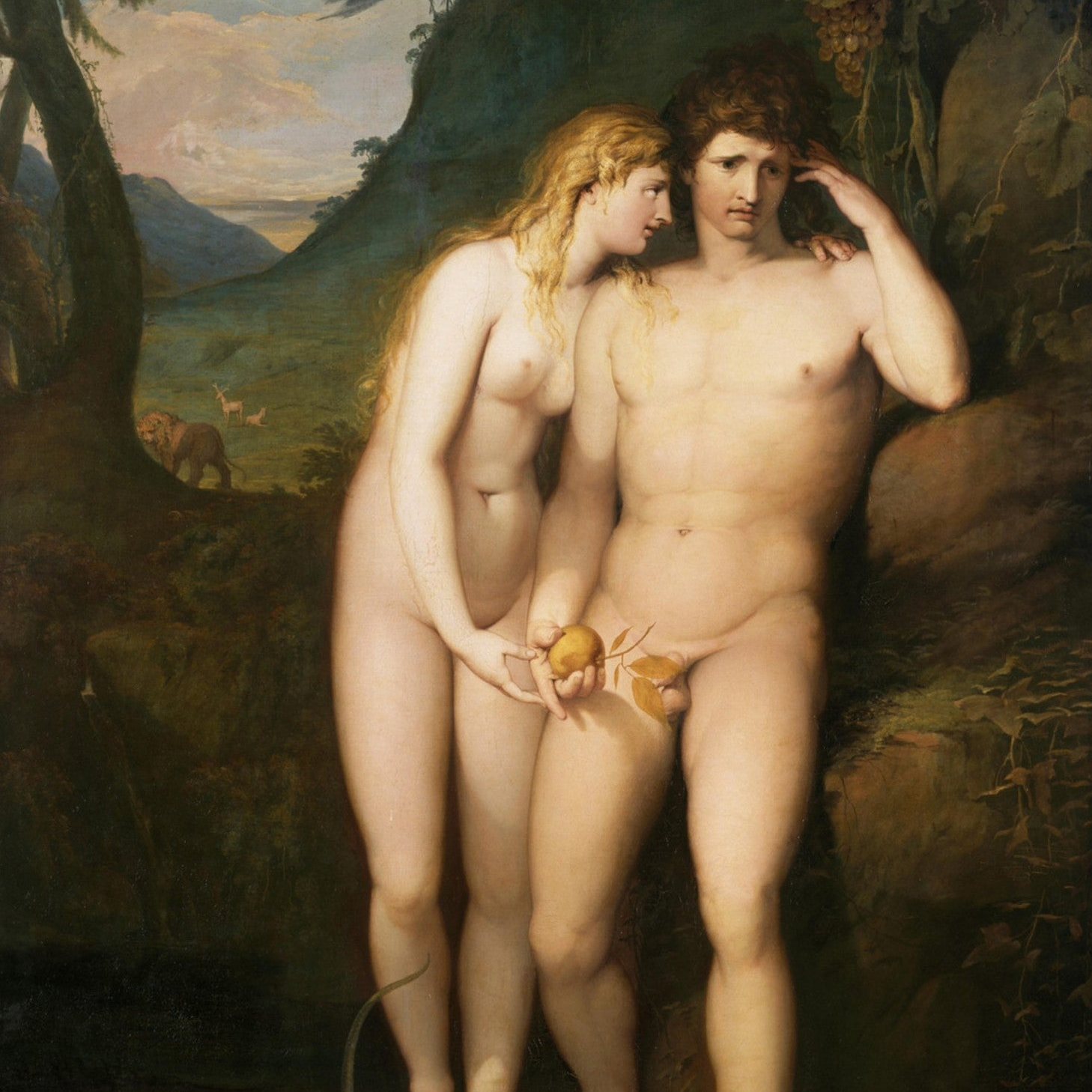The Temptation of Adam by Irish artist James Art Print Painting of two nude figures in a natural landscape holding an apple.