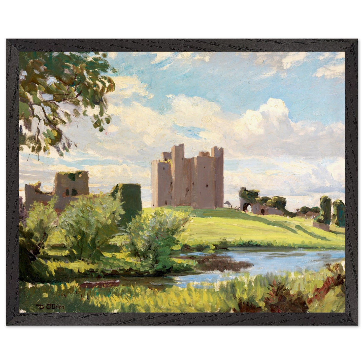 40×50 cm framed art print of Trim Castle by Dermod O’Brien hanging above a soft-neutral sofa in a warm heritage living room.