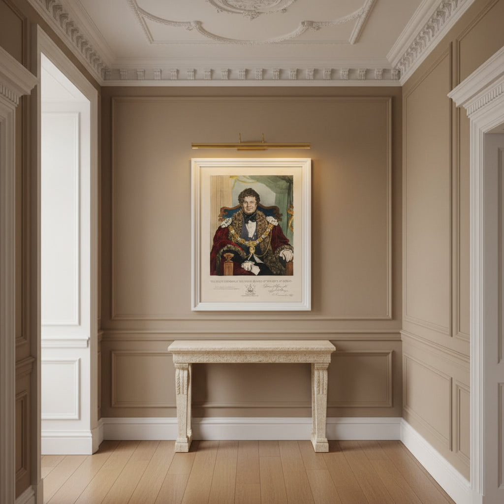Dublin Georgian hallway with limestone console and wainscoting; white-framed Daniel O’Connell portrait centered under museum track lighting.