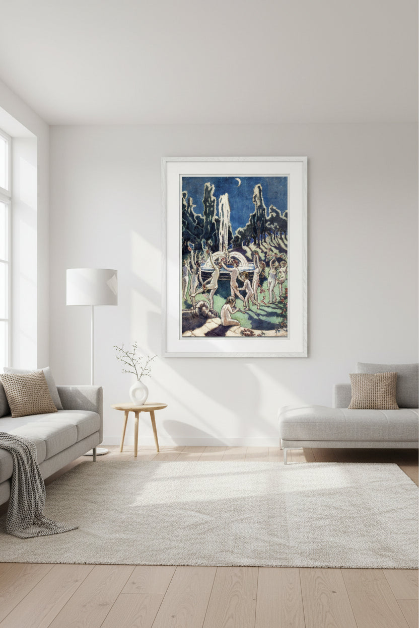 A bright, minimalist interior with a white gallery frame featuring Mainie Jellett’s “Nudes Dancing Round a Fountain by Moonlight.” Soft daylight, Scandinavian décor, airy styling, premium art print presentation, crisp and elegant. Artistic depiction of nude figures around a fountain with a stylized landscape.