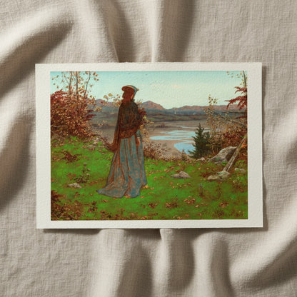 Woman in an Autumn Landscape by William J. Hennessy, unframed archival art print resting on light linen fabric in soft natural daylight